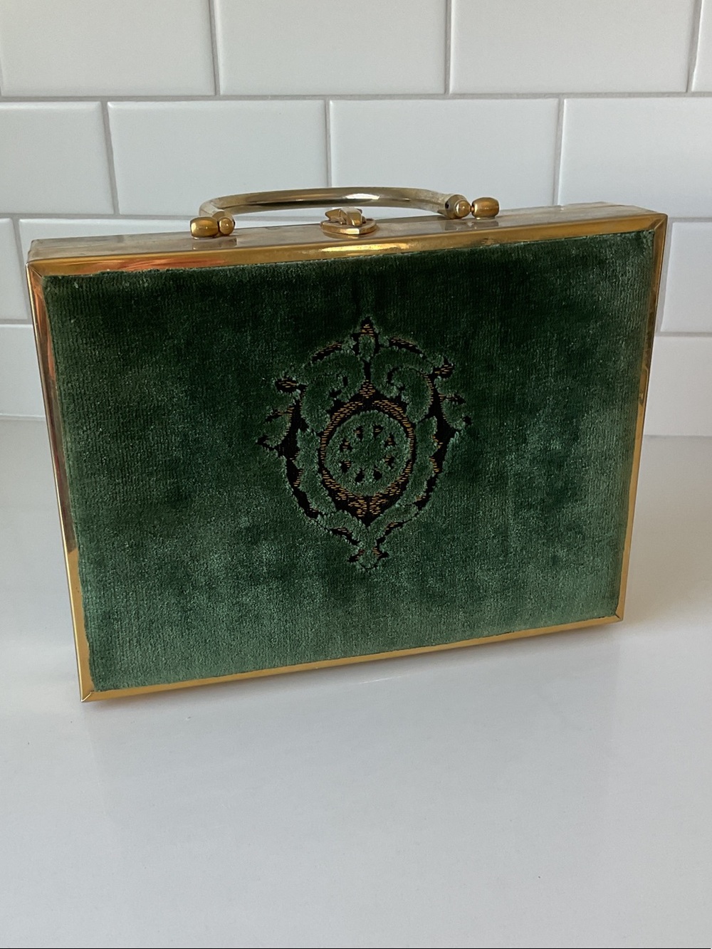 Vintage STYLECRAFT of Miami Gold Metal & Green Velvet Mid-Century Box Handbag
